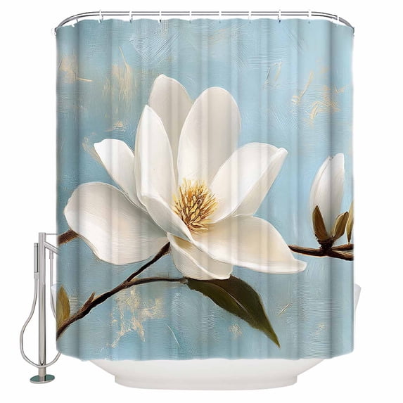 White Floral Shower Curtain, 60" x 72", Magnolia Leaf Plant Pastoral Retro Style Waterproof Bathroom Curtain Washable Shower Curtain Set with 12 Hooks