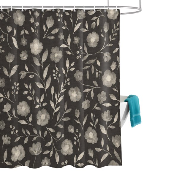 White Floral Shower Curtain, Small Flower Leaf Botanical Muted Gray Linen Texture Waterproof Shower Curtain Set with 12 Hooks Lightweight Bath Curtains Fabric Bathroom Decor 48x72 Inches