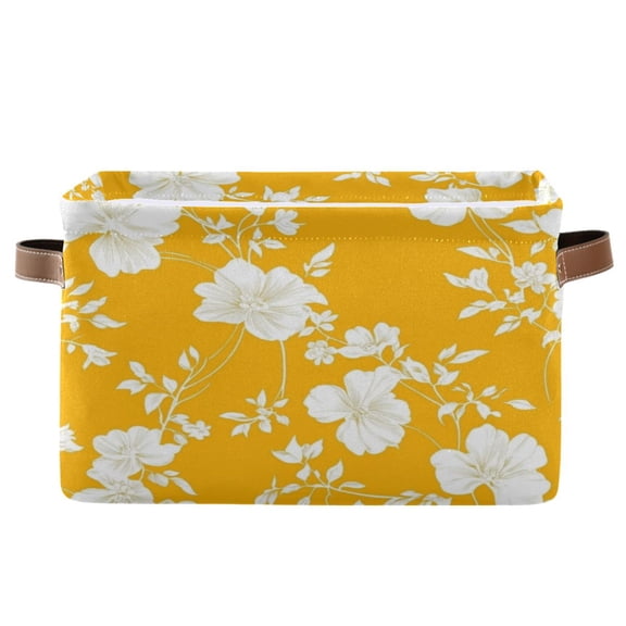 White Floral Silhouettes Foldable Storage Basket,Canvas Fabric Foldable Storage Bins with Handles Open Home Storage Bins Boxes for Toy Book Shelf Closet Baskets