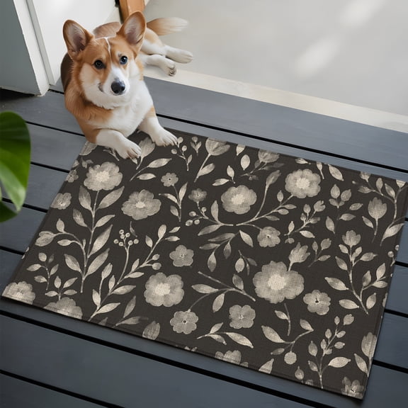White Floral Small Area Rugs 2x3 Small Flower Leaf Botanical Muted Gray Linen Texture Entryway Rugs Washable Door Mat, Low-Profile Area Rugs Non Slip Floor Carpet for Living Room Bedroom Home Office
