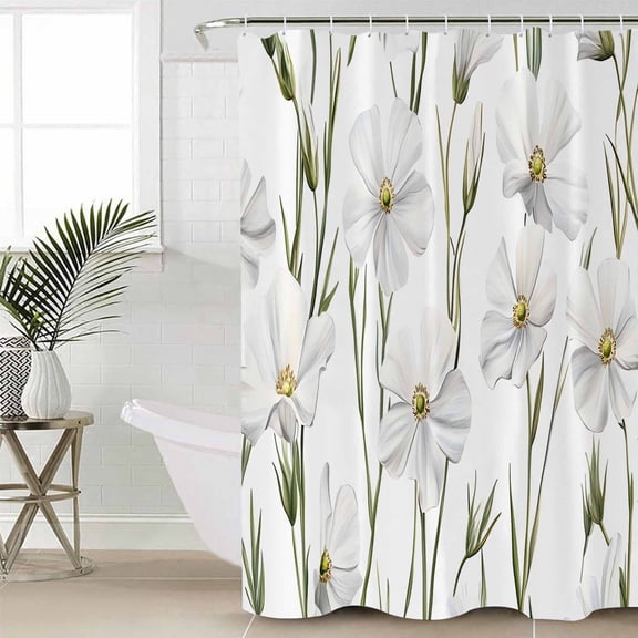 White Floral Small Stall Shower Curtain, Waterproof Shower Curtains for Bathroom, Garden Floral Seasonal Botanical Blooms Washable Fabric Cloth Bath Curtain for Bathtub with Hooks 36x72 Inches