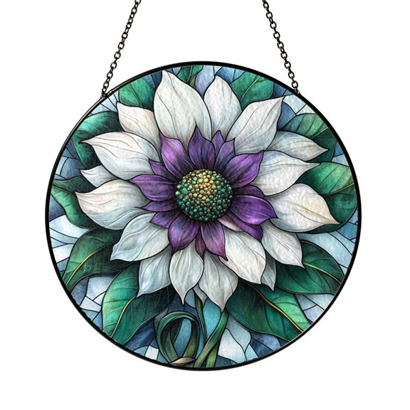 White Floral Stained Glass Suncatcher Round Window Hanging Panel for Home Decor Beautiful Gift