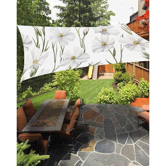 White Floral Sun Sail Shades Rectangle Canopy,Sunlight Block Heavy Duty Curved Backyard Shade Cover,Garden Floral Seasonal Botanical Blooms Waterproof Sun Shades for Patios Garden Pergola 8'x10'