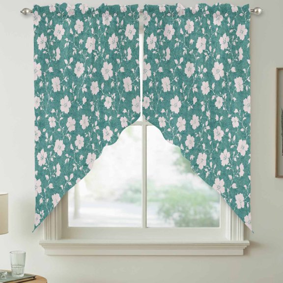 White Floral Swag Curtain Valances for Kitchen, Rustic Flower Green Bud Slender Sprig Vine Textured Rod Pocket Curtains Window Treatment Swag Valance for Bedroom Bathroom, 2 Panels 36 x 63 Inch