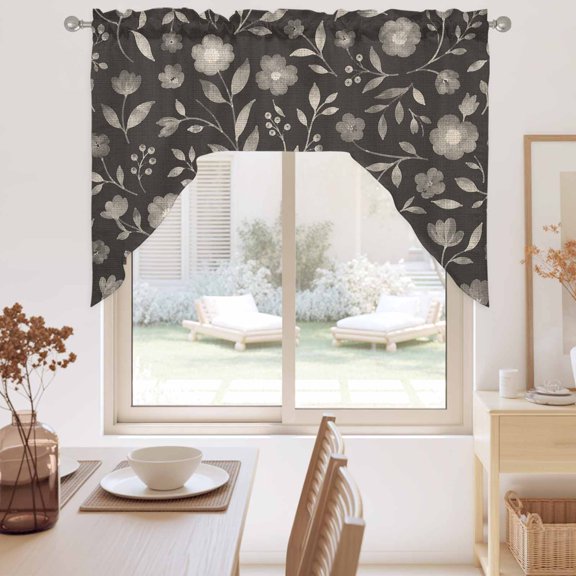 White Floral Swag Valance for Windows, Small Flower Leaf Botanical Muted Gray Linen Texture Swag Curtains Valances for Small Window Treatment Rod Pocket for Kitchen Bathroom 1 Panel 56x36in