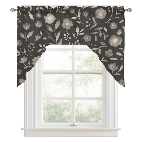 White Floral Swag Valances for Windows 56 x 36 Inch, Small Flower Leaf Botanical Muted Gray Linen Texture Rod Pocket Light Filtering Window Topper for Kitchen Bathroom Bedroom Living Room