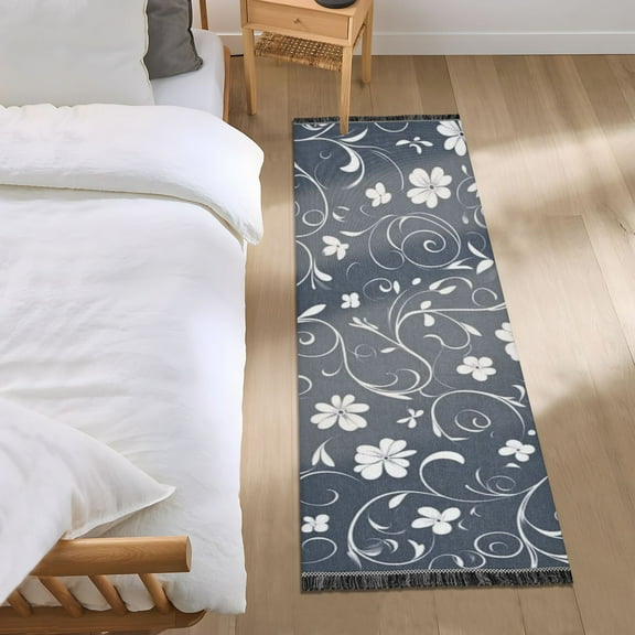 White Floral Swirls on Dark Bedroom Runner Rug 2'x 6' Non Slip Carpet Indoor Home Area Rug Living Room
