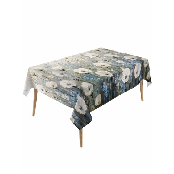 White Floral Table Cloth, Waterproof Tablecloth for Rectangle Tables, Modern Farmhouse Oil Painting Plants Reusable Washable Fabric Table Cover for Restaurant Kitchen Dining Tables 60"x120"