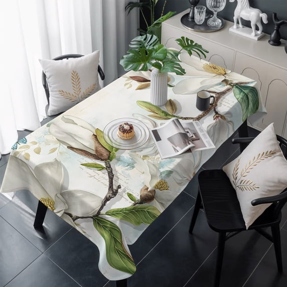 White Floral Table Cloth Waterproof Tablecloths, Botanical Magnolia Flower Leaves Butterfly Tablecloth Dining Table Cover for Kitchen Party Tabletop Outdoor, Rectangle Tablecloth 54x108 Inch