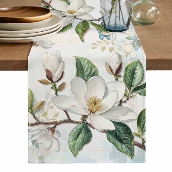 White Floral Table Runner, Botanical Magnolia Flower Leaves Butterfly Washable Cotton Linen Table Runners 36 Inches Long, Dresser Scarf Runner for Nightstand/End Tables/Round Tables 13''x36''