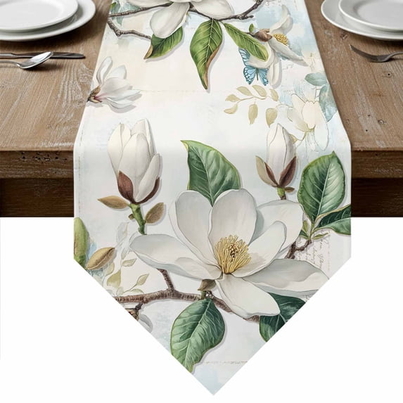 White Floral Table Runner Linen Burlap Table Runner 90 Inches Long Botanical Magnolia Flower Leaves Butterfly Dresser Scarves for Kitchen Island Coffee Dining Party Wedding Holiday Decor 13"x90"