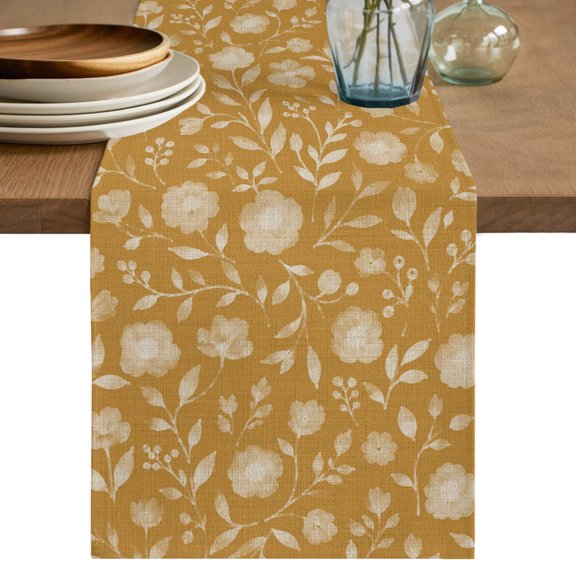 White Floral Table Runner, Small Flower Leaf Botanical Amber Yellow Linen Texture Cotton Linen Table Cloth, Tablerunner for Kitchen Dining Party Wedding Home Decor 13x36 Inch