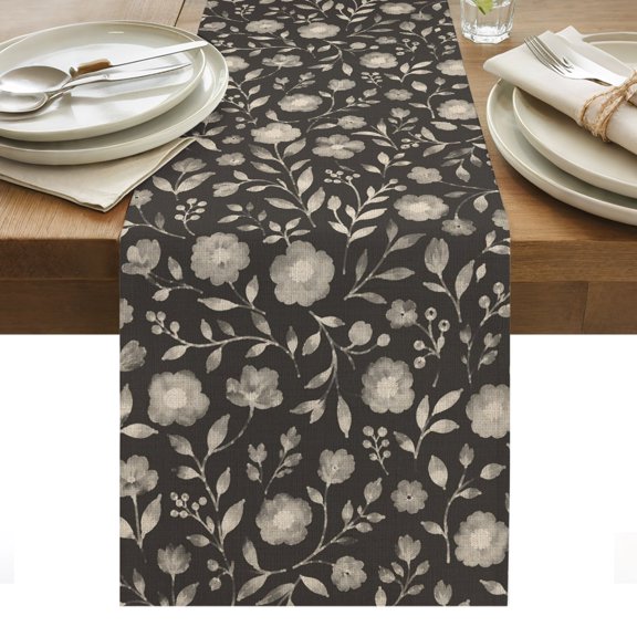White Floral Table Runner, Small Flower Leaf Botanical Muted Gray Linen Texture Washable Kitchen Table Runners Dress Scarves for Dining Table Decorations Party/Restaurant/Indoor Outdoor Use, 13x36in