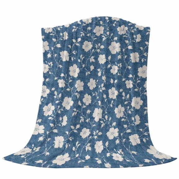 White Floral Throw Flannel Blanket Vintage Rustic Flower Vine Bud Navy Blue Textured Super Soft Cozy Bed Blanket, Lightweight Plush Fuzzy Bed Throw for Bedroom Sofa Couch Living Room 30x40in