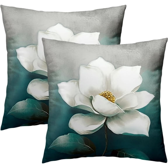 White Floral Throw Pillow Cover 18X18 Inch Set of 2 Turquoise Leaf Decorative Pillow Cases Home Decor for Sofa Porch Patio Bedroom Outdoor