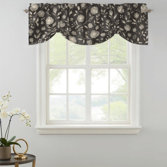 White Floral Tie Up Valances Curtain, Small Flower Leaf Botanical Muted Gray Linen Texture Kitchen Valances for Windows Decor, Rod Pocket Short Curtains Set for Bedroom/Bathroom, 42"x12"