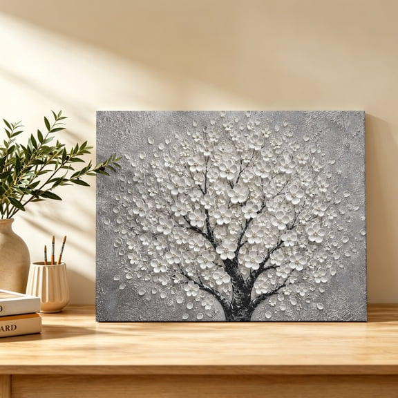 White Floral Tree Canvas Wall Art, Abstract Flower Blossoms Gray Trees Minimalism Wall Art Prints Artwork Framed Canvas Ready to Hang Art Pictures for Bathroom Bedroom Entry Desk Corner 10" x 8"