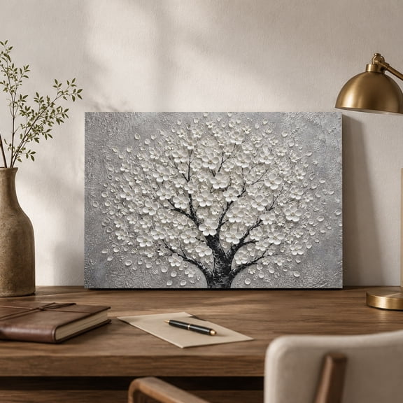 White Floral Tree Canvas Wall Art, Abstract Flower Blossoms Gray Trees Minimalism Wall Art Prints Artwork Framed Canvas Ready to Hang Art Pictures for Bathroom Nightstand, Narrow Hallway 14" x 11"