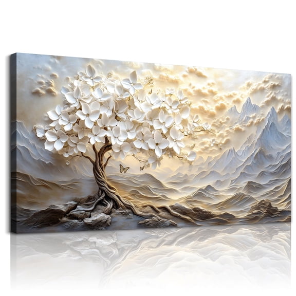 White Floral Tree Golden Mountain Canvas Wall Art, 3D Relief Textured Luxury Landscape Art Print, Neutral Living Room Wall Decor, Multiple Sizes Available
