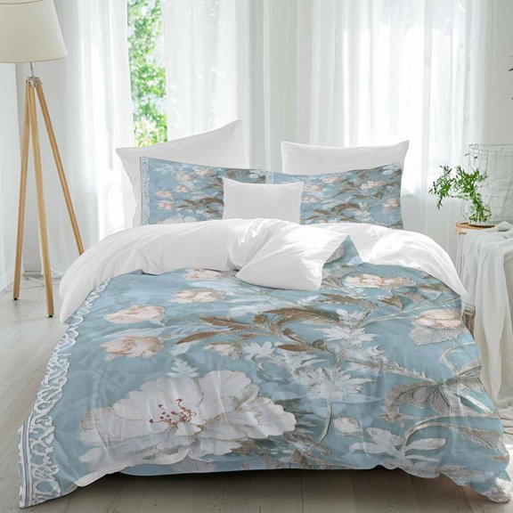 White Floral Twin Duvet Cover Set, Retro Botanical Flower Light Blue Nostalgia Texture 4 Piece Microfiber Bedding Set with Zipper Closure, Bed Sheet and 2 Pillow Shams, Soft Bedding Cover