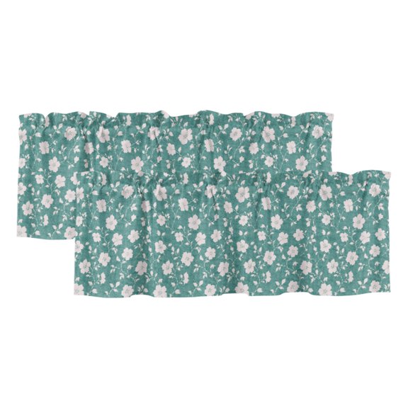 White Floral Valances for Window 2 Pack, Rustic Flower Green Bud Slender Sprig Vine Textured Rod Pocket Curtains Valances Light Filtering Short Curtains for Kitchen Bedroom Bathroom 42 x 12 Inch