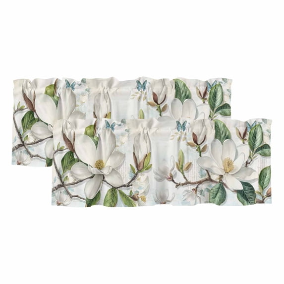 White Floral Valances for Windows, Botanical Magnolia Flower Leaves Butterfly Light Filtering Kitchen Curtains, Rod Pocket Window Valance Curtains for Living Room Bedroom, 42" W x 18" L, 2 Panels