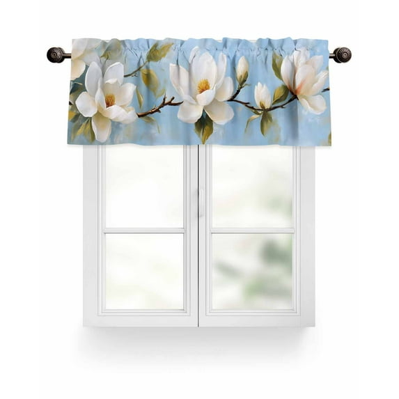 White Floral Valances for Windows Magnolia Leaf Plant Blue Background Valance Rod Pocket Light Filtering Short Window Treatments Curtains for Kitchen Bathroom Living Room Bedroom, 42 x 18 Inch
