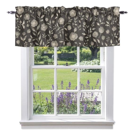 White Floral Valances for Windows, Small Flower Leaf Botanical Muted Gray Linen Texture Rod Pocket Short Window Valance Curtains Holiday Window Treatment for Kitchen Living Room Bathroom 56" x 16"