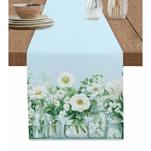 White Floral Vases Table Runner Cotton Linen 36 Inch Holiday Dresser Scarves, Tulip Spring Flowers Blue Tablerunner for Kitchen Coffee Dining Bedroom Home Living Room Dinner Scarf Décor 13''x36''