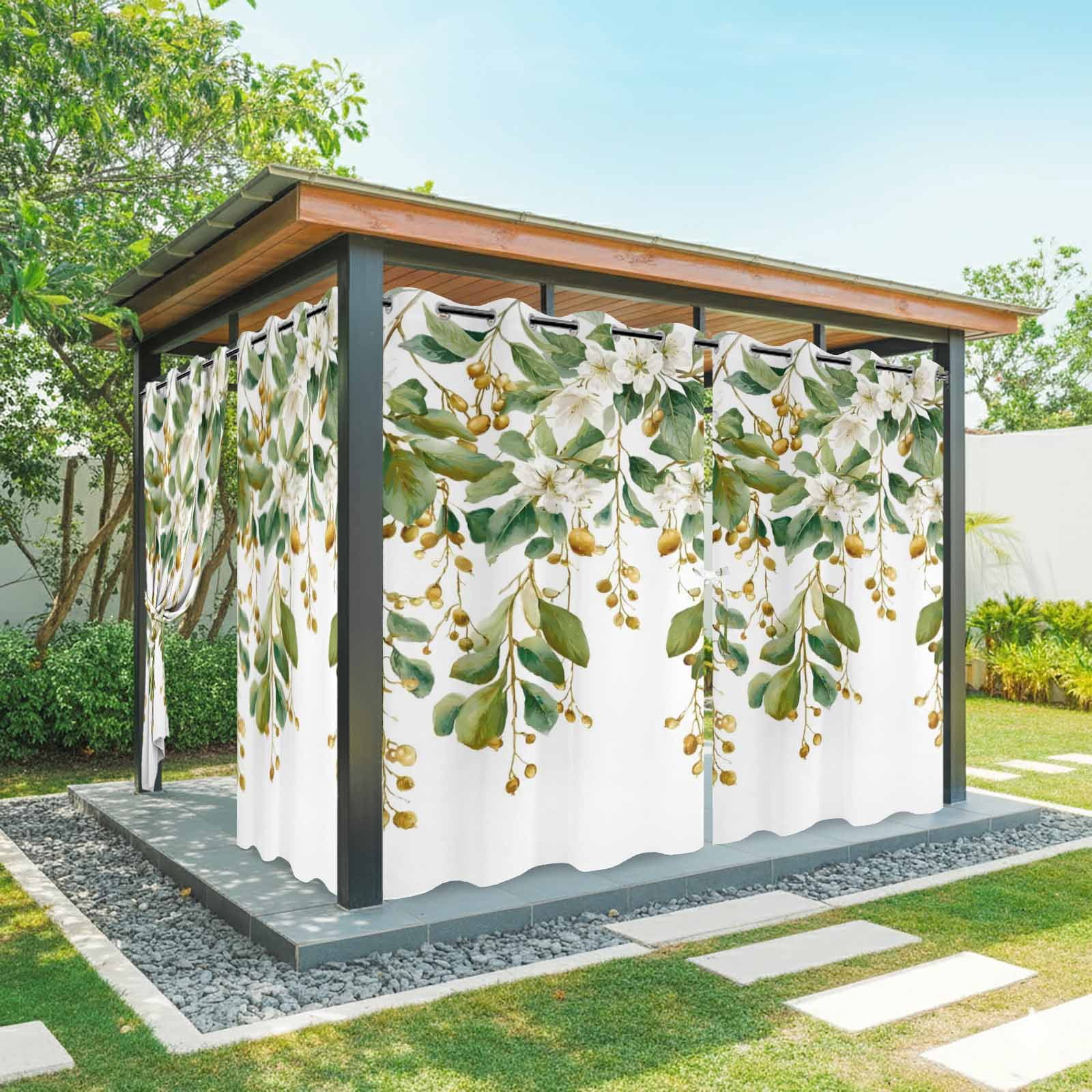White Floral Vine Outdoor Curtains for Patio, Pastoral Flower Hanging Buds Leaves Botanical Sunshade Privacy Drapes Grommet Waterproof Outside Curtains for Porch/Cabana/Balcony 54"x 108", 1 Panel