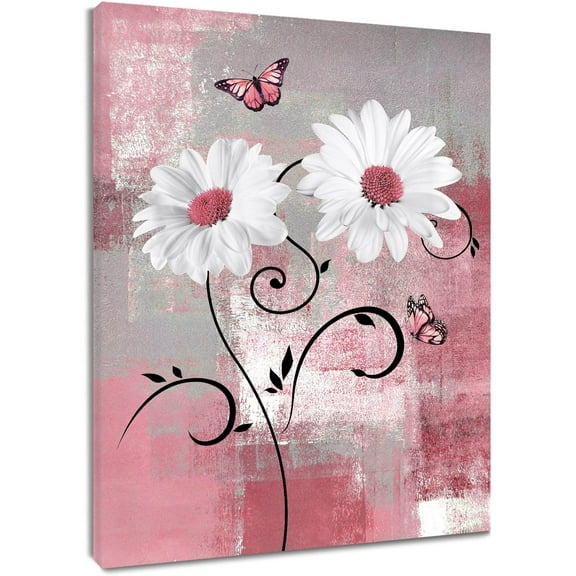 White Floral Wall Art Pink Butterfly Abstract Daisy Flower Canvas Wall Art for Living Room Gray Vintage Geometric Wooden Framed Prints Pictures for Bathroom Bedroom Dorm Wall Decor,12x16 inches