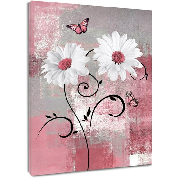 White Floral Wall Art Pink Butterfly Abstract Daisy Flower Canvas Wall Art for Living Room Gray Vintage Geometric Wooden Framed Prints Pictures for Bathroom Bedroom Dorm Wall Decor,12x16 inches