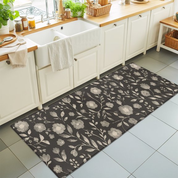 White Floral Washable Runner Rugs 2'x6', Small Flower Leaf Botanical Muted Gray Linen Texture Washable Runner Rug Non-Slip Sturdy Edge Binding Carpet for Bedside Hallway Runner Kitchen Galley