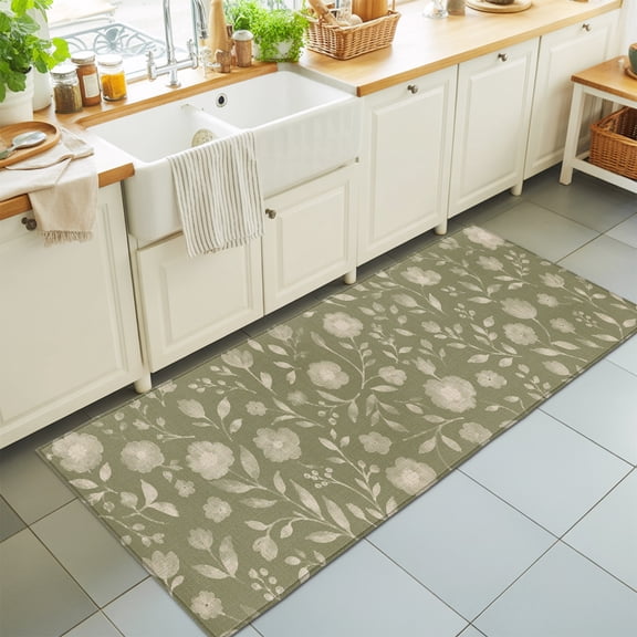 White Floral Washable Runner Rugs 2'x6', Small Flower Leaf Botanical Sage Green Linen Texture Washable Runner Rug Non-Slip Sturdy Edge Binding Carpet for Bedside Hallway Runner Kitchen Galley