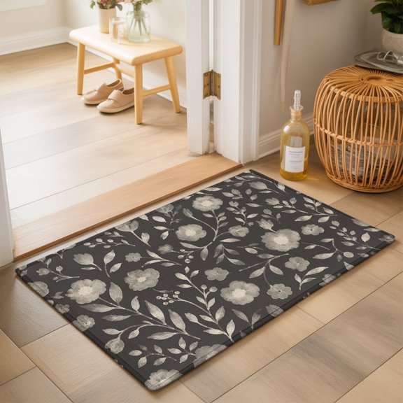 White Floral Washable Small Entryway Area Rugs 2'x3', Small Flower Leaf Botanical Muted Gray Linen Texture Washable Throw Rug Non-Slip Sturdy Edge Binding Carpet for Front Door Floor Room Entry