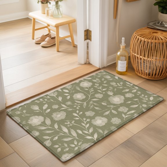 White Floral Washable Small Entryway Area Rugs 2'x3', Small Flower Leaf Botanical Sage Green Linen Texture Washable Throw Rug Non-Slip Sturdy Edge Binding Carpet for Front Door Floor Room Entry