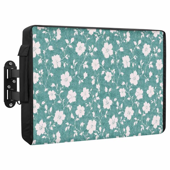 White Floral Waterproof Outdoor TV Cover, Rustic Flower Green Bud Slender Sprig Vine Textured Outside Weatherproof TV Enclosures for 80 to 85 Inch LCD Television Shield Flat Screen Protectors
