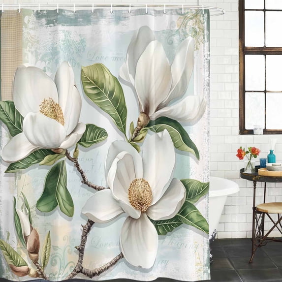 White Floral Waterproof Shower Curtain, 72"x72" Washable Polyester Fabric Shower Curtains for Bathroom, Pastoral Farmhouse Magnolia Flowers Leaves Decorative Bathtub Curtain Sets with Hooks