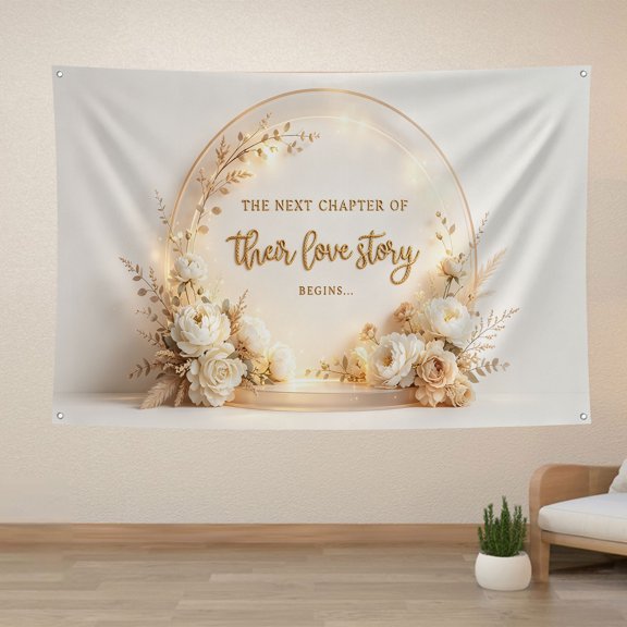 White Floral Wedding Backdrop The Next Chapter of Their Love Story Begins Background Boho Gold Arch Bridal Shower Engagement Party Decorations Banner Photo Booth Props