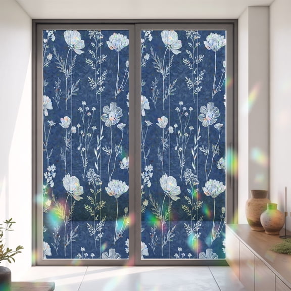 White Floral Wild Herbs Window Privacy Film,Decorative Windows Static Cling Blossom Flower on Navy Blue Heat Control Removable Glass Sticker for Home Bathroom Bedroom Window Door,35x79in