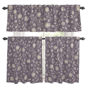 White Floral Window Curtains Valance Set of 3 Small Flower Leaf Botanical Dusty Purple Linen Texture Rod Pocket Small Kitchen Curtain, Soft Window Treatment for Bedroom Party Holiday Decor