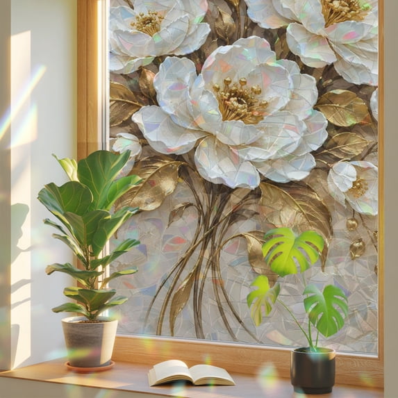 White Floral Window Privacy Film, Luxury Impasto Peony Bouquet Golden ...