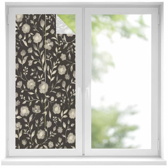 White Floral Window Privacy Film Small Flower Leaf Botanical Muted Gray Linen Texture Decorative Glass Window Film UV Blocking Static Cling Sticker Covering for Home Door 19.6 x 39.3 inches