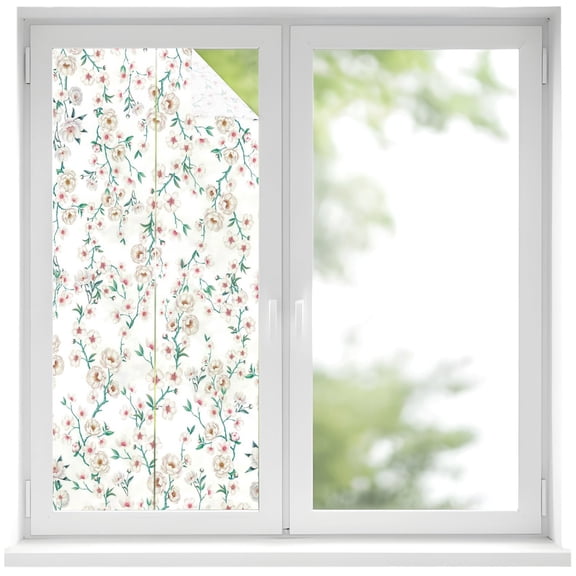 White Floral Window Privacy Film, Teal Branches Leaf Spring Floral Countryside Frosted Glass Window Clings Static Cling UV Heat Blocking Reusable Door Sticker for Bathroom 19.6 x 39.3 Inch