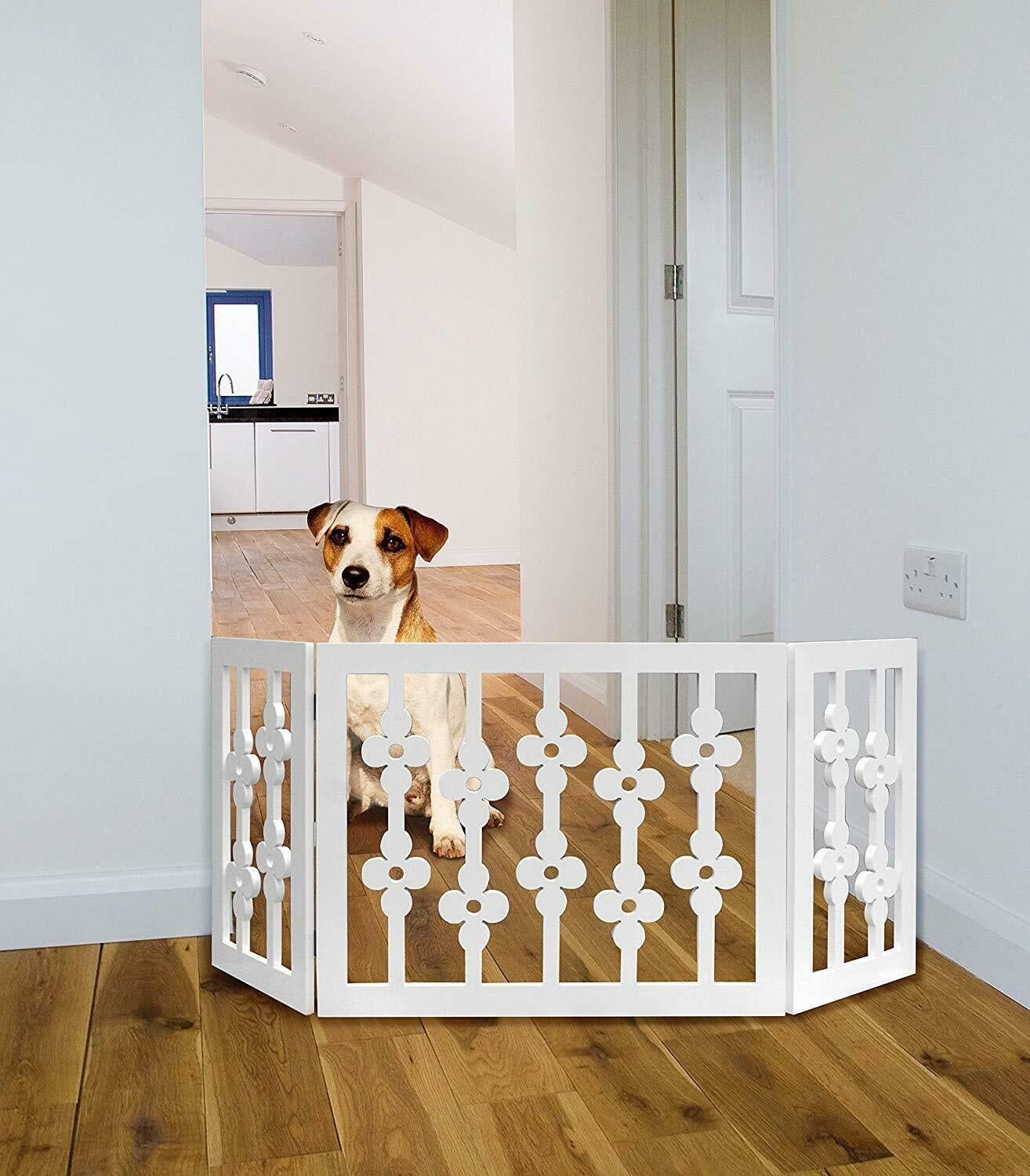 White Floral Wood Pet Dog Gate Foldable Adjustable 3Section
