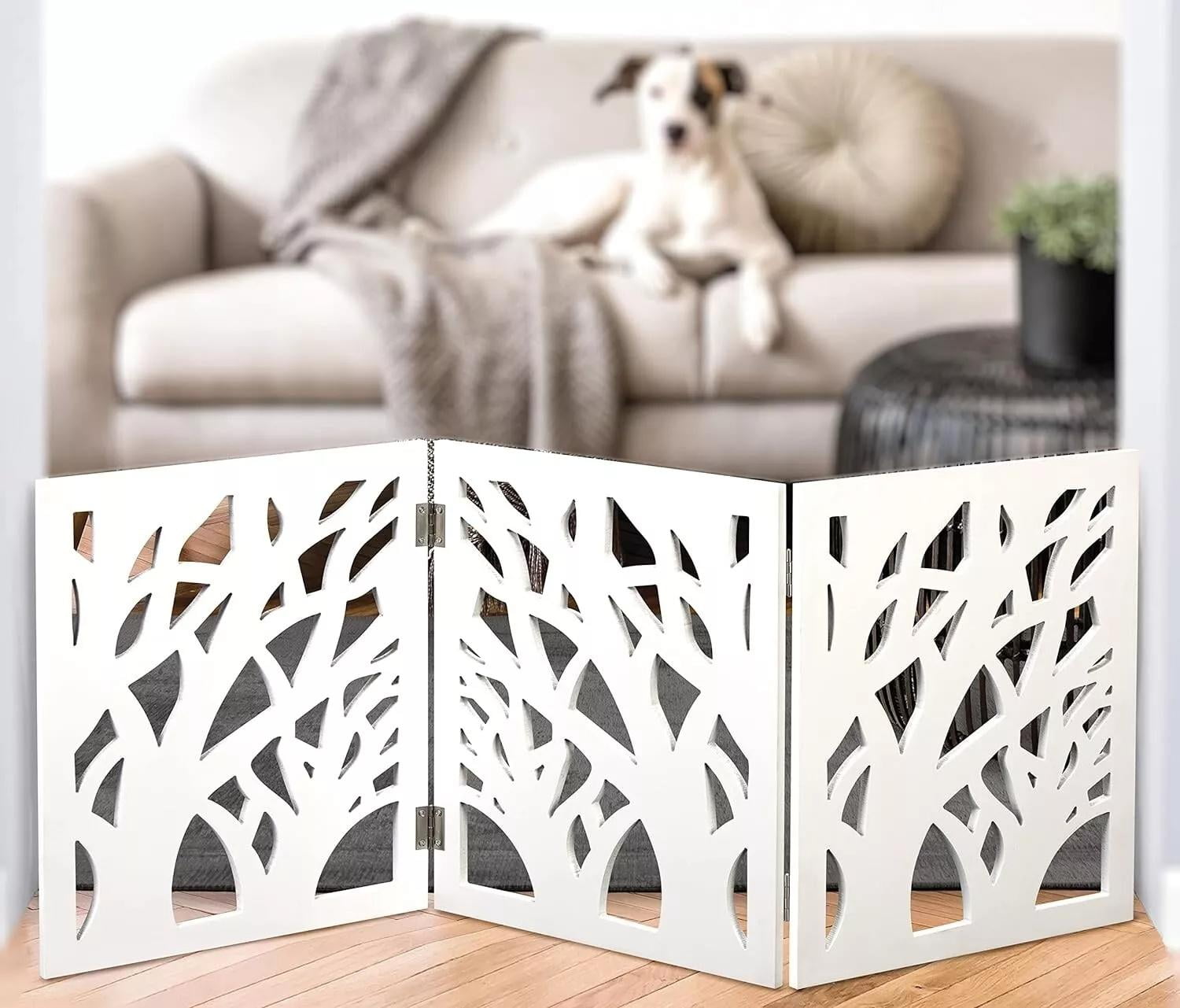 White Floral Wood Pet Dog Gate Foldable Adjustable 3-Section Freestanding Extra Wide. Keeps Pets Safe Indoors/Outdoors - Fully Assembled