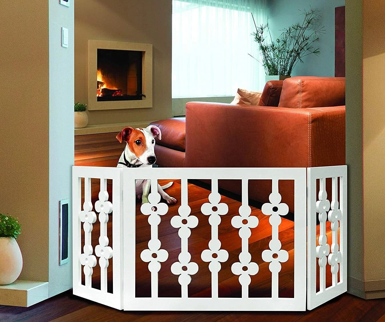 White Floral Wood Pet Dog Gate Foldable Adjustable 3-Section Freestanding Extra Wide. Keeps Pets Safe Indoors/Outdoors - Fully Assembled