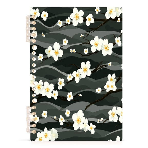 White Floral on Dark Waves A5 8.3x5.7in PP Notebook, Adjustable Rings, 60 Sheets, Diary or Journey Note