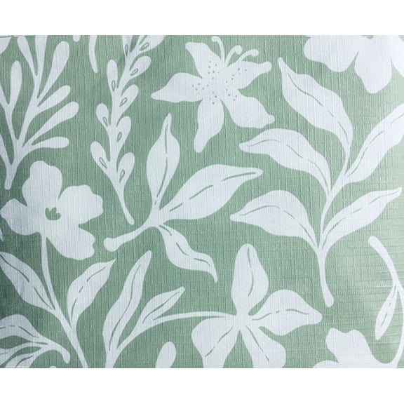 White Floral on Light Green Background PEVA Vinyl Flannel Backed Tablecloth  70x52 Oblong