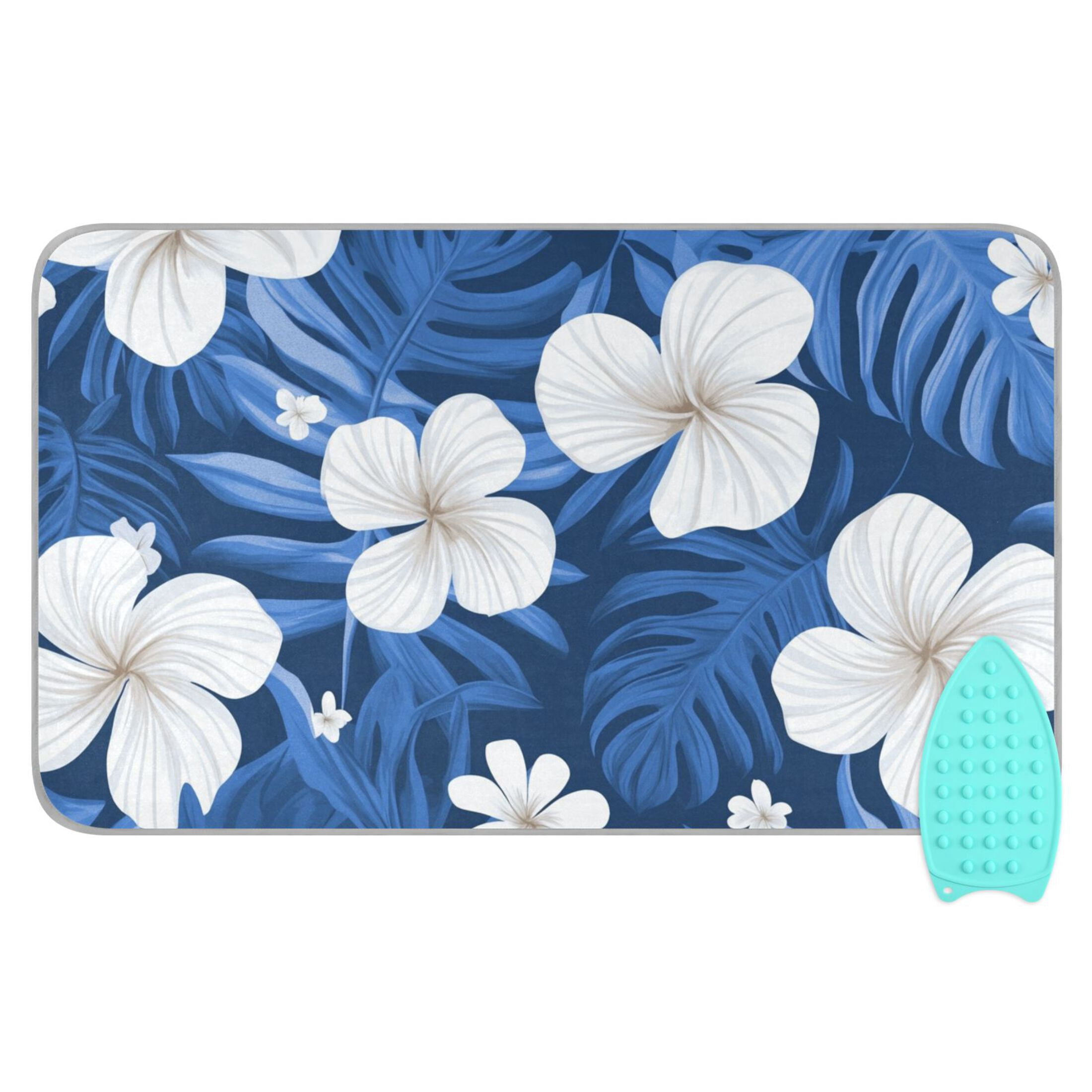 White Florals Blue Palm Leaves Hawaii Ironing Mat Blanket Portable Travel Ironing Pad Heat Resistant Pad 47.2" x 27.6”